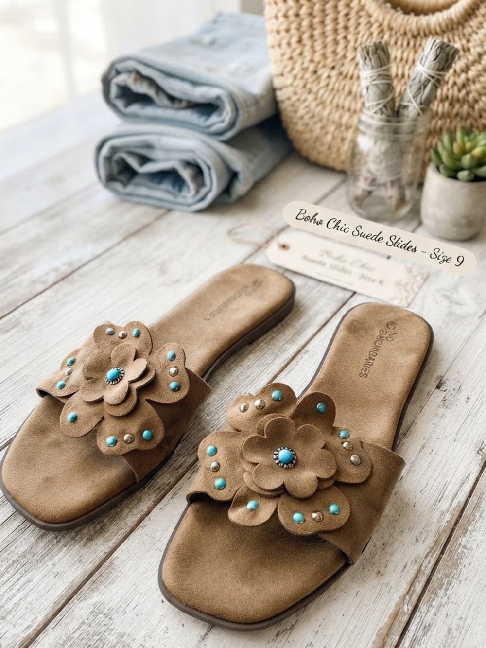 No Boundaries' Faux Suede Sandals western turquoise flower 9